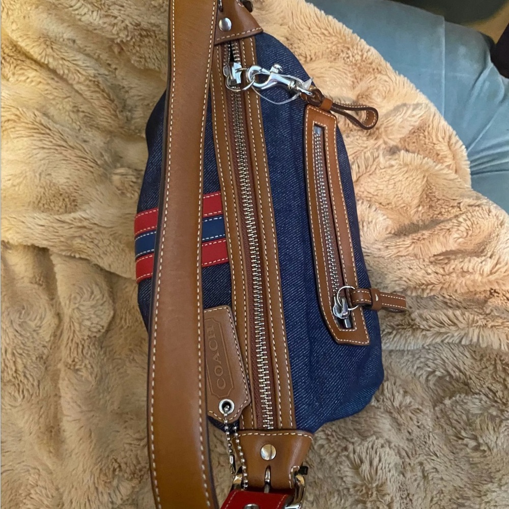 Coach Denim Shoulder Bag with Red and Navy Stripe - Picture 6 of 7